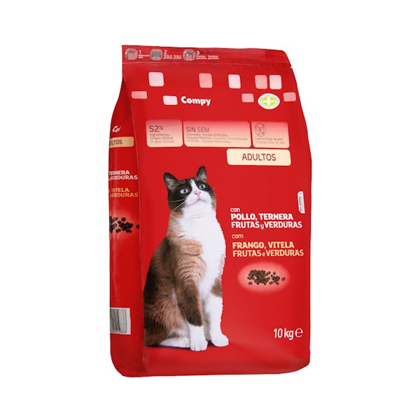 Comida gato adulto Compy con pollo, ternera, frutas y verduras Paquete 10 kg en Mercadona