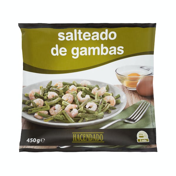 Salteado de gambas, ajetes y espárragos verdes Hacendado ultracongelado Paquete 0.45 kg en Mercadona