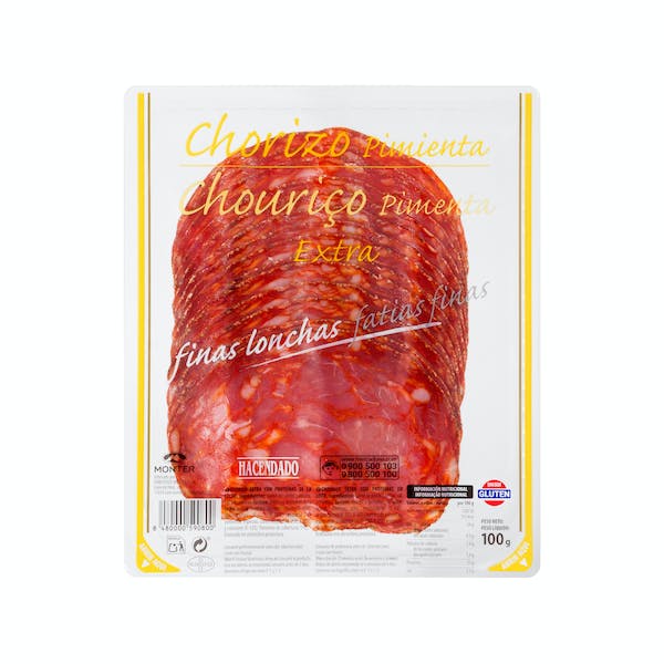 Chorizo extra pimienta Hacendado finas lonchas Paquete 0.1 kg en Mercadona