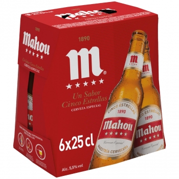 Cerveza Mahou 5 Estrellas especial pack de 6 botellas de 25 cl. en Carrefour