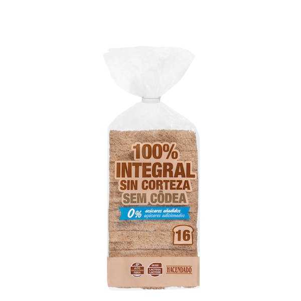 Pan de molde 100% integral sin corteza Hacendado 0% azúcares añadidos Paquete 0.45 kg en Mercadona