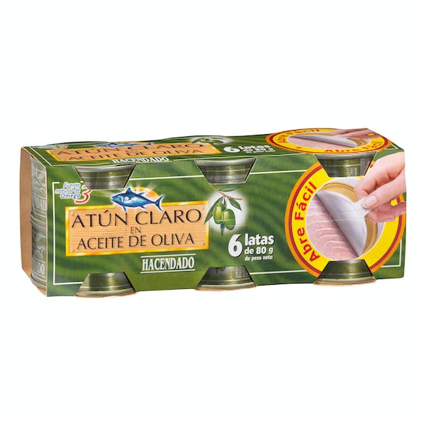 Atún claro en aceite de oliva Hacendado 6 latas X 0.06 kg en Mercadona