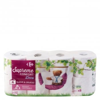 Papel higienico suave y grueso supreme confort Deco Carrefour 8 rollos en Carrefour