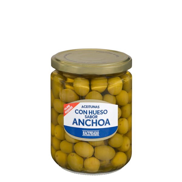 Aceitunas manzanilla sabor anchoa Hacendado con hueso Tarro 0.43 kg en Mercadona