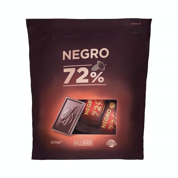 Porciones de Chocolate negro 72% cacao extrafino Hacendado Paquete 0.2 kg en Mercadona
