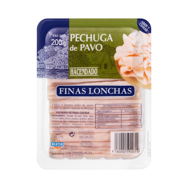 Pechuga de pavo Hacendado finas lonchas Paquete 0.2 kg en Mercadona
