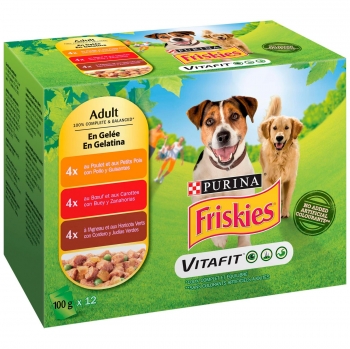 Comida húmeda de carnes en gelatina para perro adultos Purina Friskies Vitafit multipack de 12x100 g. en Carrefour