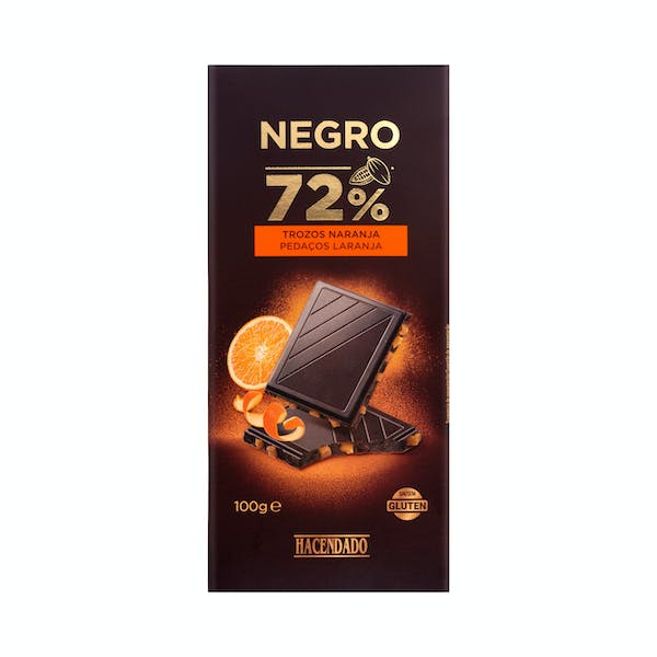 Chocolate negro 72% cacao Hacendado con trozos de naranja Tableta 0.1 kg en Mercadona