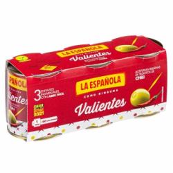 Aceitunas rellenas de chili Valientes La Española sin gluten pack de 3 latas de 50 g.