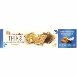 Láminas de turrón de almendra con chocolate, coco y caramelo El Almendro Thins 144 g.