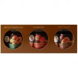 Confitura de frutas tropicales, frambuesa e higo negro Extra Carrefour pack de 3 unidades de 45 g.