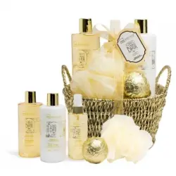 Cesta IDC Institute vanilla&sandalwood: gel de baño 300ml, loción 300 ml, bruma corporal 150 g, bomba de baño y esponja.