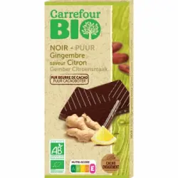 Chocolate negro con aceite esencial de limón y pepitas de jengibre confitadas ecológico Carrefour BIO 100 g.