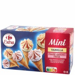 Conos con helado de vainilla y fresa Extra Carrefour mini 8 ud.