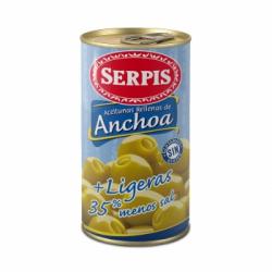 Aceitunas verdes rellenas de anchoa 35% menos de sal Ligeras Serpis sin gluten y sin lactosa 150 g.