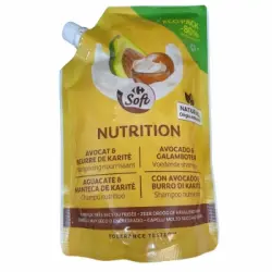 Champú nutritivo con agucate y manteca de karité Carrefour Soft doy pack 500 ml.