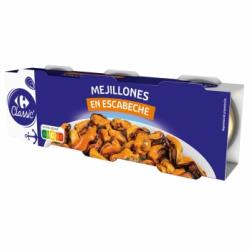 Mejillones en escabeche 16/20 Classic Carrefour sin gluten pack de 3 unidades de 43 g.