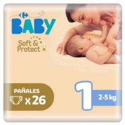 Pañales Carrefour Baby Soft&Protect Talla 1 (2-5 kg) 26 ud.