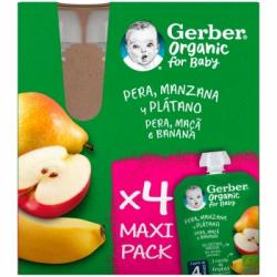 Bolsita de pera, manzana y plátano desde 4 meses ecológico Gerber sin gluten pack de 4 unidades de 90 g.