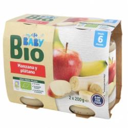 Tarrito de manzana y plátano Ecológico Carrefour Baby Bio desde 6 meses pack de 2 unidades de 200 g.