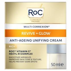 Crema facial antiedad unificadora rica en vitamina C Multi Correxion Revive + Glow Roc 50 ml.