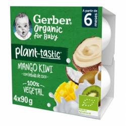 Postre infantil de mango y kiwi desde 6 meses ecológico Gerber pack de 4 unidades de 90 g.