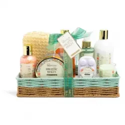 Cesta IDC Institute holistic: gel 300ml, loción 300ml,bruma 150ml,sales 150g, exfoliante 200 ml, jabón 100g, vela y esponja