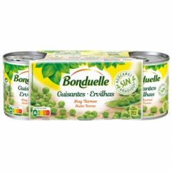 Guisantes tiernos y muy finos sin azúcar añadido Bonduelle pack de 3 unidades de 140 g.