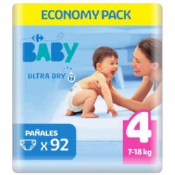 Pañales Carrefour Baby Ultra Dry Talla 4 (7-18 kg) 92 ud.