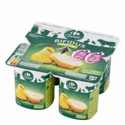 Bífidus desnatado con trozos de pera sin azúcar añadido Carrefour pack de 4 unidades de 125 g.