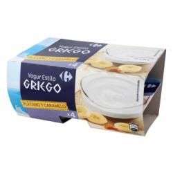 Yogur griego bicapa de plátano y caramelo Carrefour sin gluten pack de 4 unidades de 125 g.