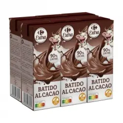 Bebida láctea al cacao Carrefour Extra sin gluten pack de 6 minibriks de 200 ml.