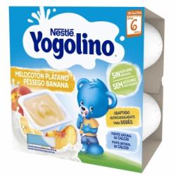 Postre lácteo de melocotón y plátano desde 6 meses sin azúcares añadidos Nestlé Yogolino sin gluten sin aceite de palma pack de 4 unidades de 100 g.