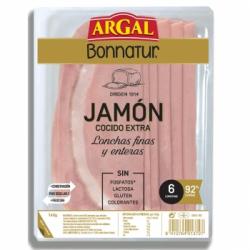 Jamón cocido extra lonchas finas y enteras Argal Bonnatur sin gluten sin lactosa 140 g.