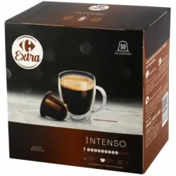 Café intenso en cápsulas Carrefour Extra compatible con Nespresso pack de 50 unidades de 5,2 g.