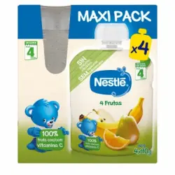 Bolsitas de 4 frutas desde 4 meses Nestlé sin gluten pack de 4 unidades de 90 g.