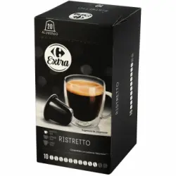 Café ristretto en cápsulas Carrefour Extra compatibles con Nespresso pack de 20 unidades de 5,2 g.