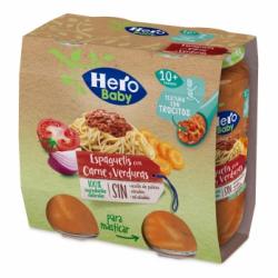 Tarrito de espaguetis con carne y verduras desde 10 meses Hero Baby sin aceite de palma pack de 2 unidades de 235 g.