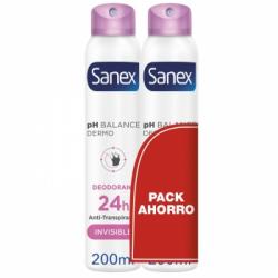 Desodorante en spray dermo invisible protección 24h pH Balance Sanex pack de 2 unidades de 200 ml.