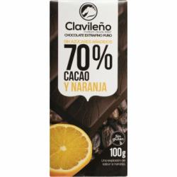 Chocolate negro extrafino 70% con naranja sin azúcar añadido Clavileño sin gluten 100 g.