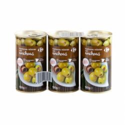 Aceitunas verdes rellenas de anchoa Carrefour pack de 3 unidades de 150 g.