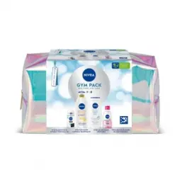 Pack Gym Nivea: Loción Q10 400 ml., Gel de ducha 250 ml., Desmaquillante de ojos 125 ml. y Desodorante roll on 50 ml.