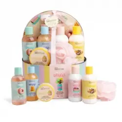 Set IDC Institute petits delices: gel 200ml, loción 200ml, baño 200ml, manteca corporal 200ml, sales 200g, crema 50ml y esponja.
