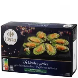 Mejillones rellenos de mantequilla perejil y ajo congelados Extra Carrefour 250 g.