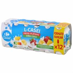 L.Casei líquido con fresa-plátano y piña-coco Carrefour pack de 12 unidades de 100 g.