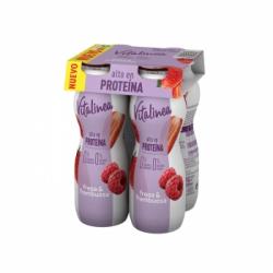 Yogur liquido desnatado de fresa y frambuesa alto en proteína sin azúcar añadido Vitalinea pack 4 unidades 155 g.