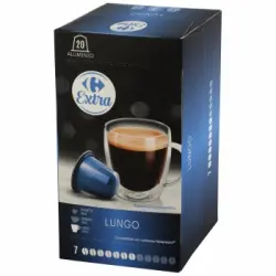Café lungo en cápsulas Carrefour Extra compatible con Nespresso pack de 20 unidades de 5,2 g.