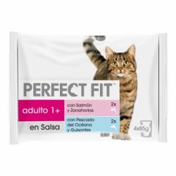 Comida húmeda esterilizada de pescado y verduras para gatos Perfect Fit pack de 4 unidades de 85 g.