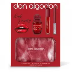 Set Red Party Don Algodón: Agua de colonia 30 ml., Lip gloss 3D,  Glitter Eyeliner y Neceser metalizado