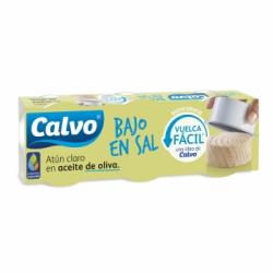 Atún claro en aceite de oliva bajo en sal Calvo pack de 3 latas de 65 g.